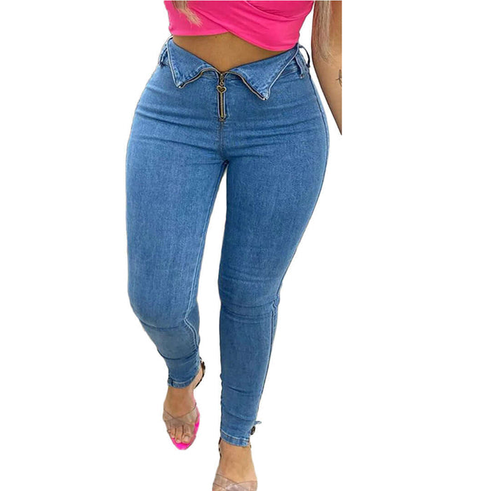 Versatile Casual Blue Pencil Jeans detailed view tracking the fine high percentage acetate fiber weave
