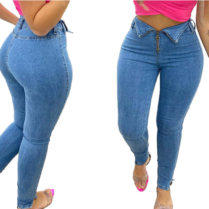 Versatile Casual Blue Pencil Jeans arranged elegantly inside a high end fashion boutique display rack