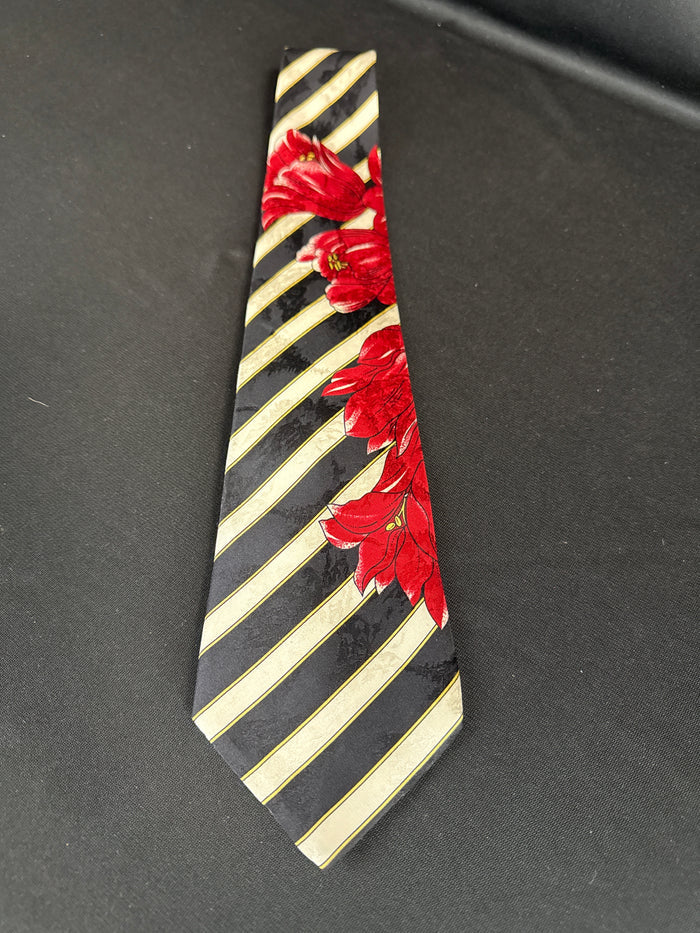 Vtg. Brioni Tie, 100% Silk Black & White Striped Red Flowers