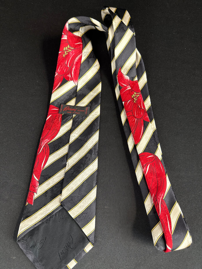 Vtg. Brioni Tie, 100% Silk Black & White Striped Red Flowers