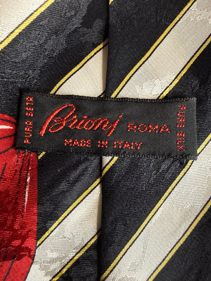 Vtg. Brioni Tie, 100% Silk Black & White Striped Red Flowers