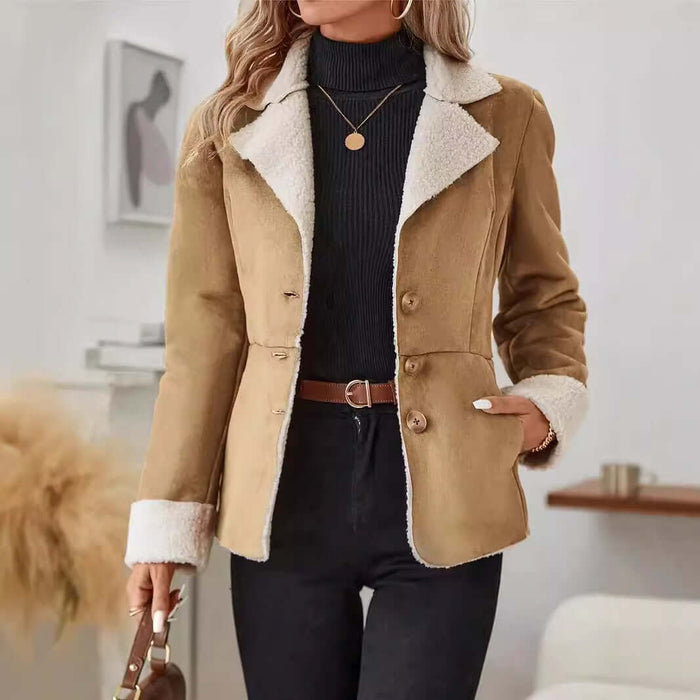 Warm Fur Integrated Lapel Pocket Jacket for Women caramel.