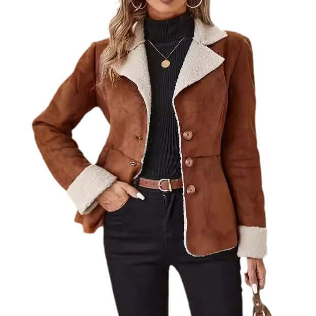 Warm Fur Integrated Lapel Pocket Jacket for Women S size 97 bust.