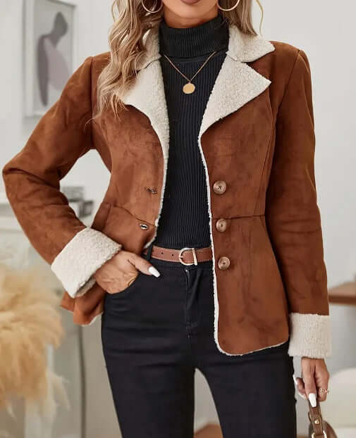 Warm Fur Integrated Lapel Pocket Jacket for Women black fur coat.