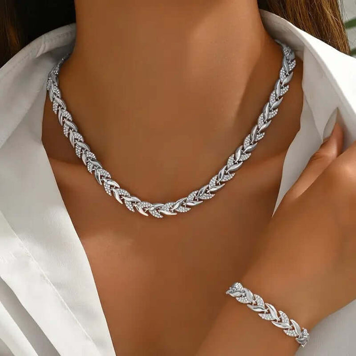 Wheat Leaf Necklace and Bracelet Set European Style Jewelry worn by a model, showcasing elegant design and sparkle.