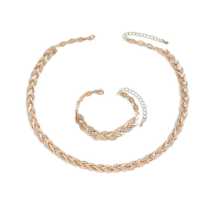 Wheat Leaf Necklace and Bracelet Set European Style Jewelry showcasing elegant braided design in gold and silver tones.