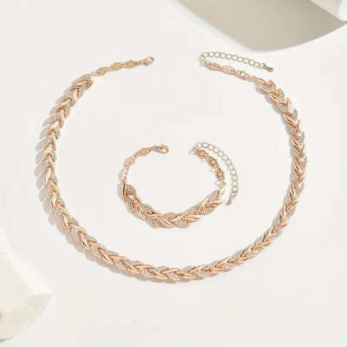 Wheat Leaf Necklace and Bracelet Set European Style Jewelry displayed on a light background.