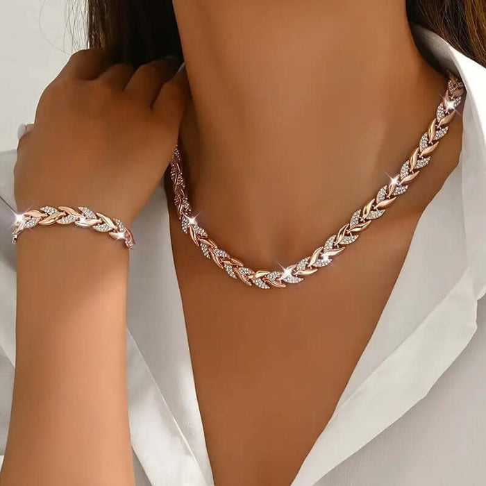 Wheat Leaf Necklace and Bracelet Set European Style Jewelry worn by model, featuring elegant design and sparkly detailing.