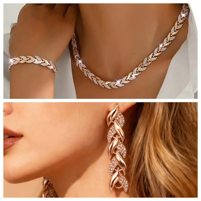 Wheat Leaf Necklace and Bracelet Set European Style Jewelry showcasing elegant design with matching earrings.