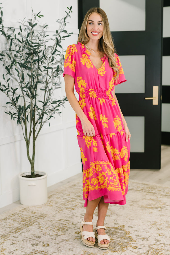 Whispering Willow V-Neck Dress in Fuchsia Midi Dress Ave Shops- Tilden Co.