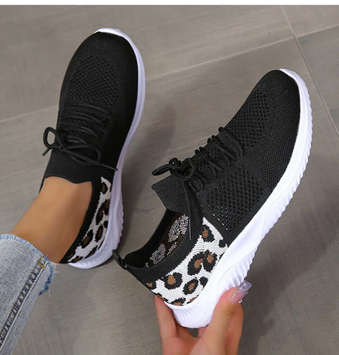 White Shoes Women Leopard Print Lace up Sneakers displayed from above.