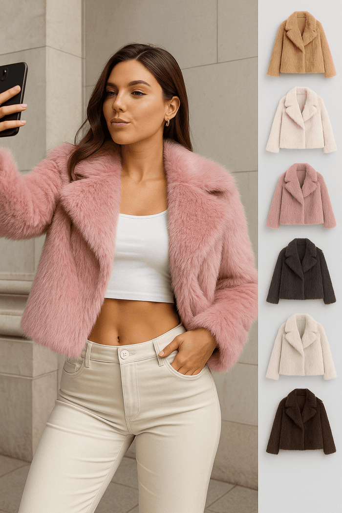 Winter plush warm fluffy lapel women's coat model showcasing soft comfort and stylish design during a photoshoot.