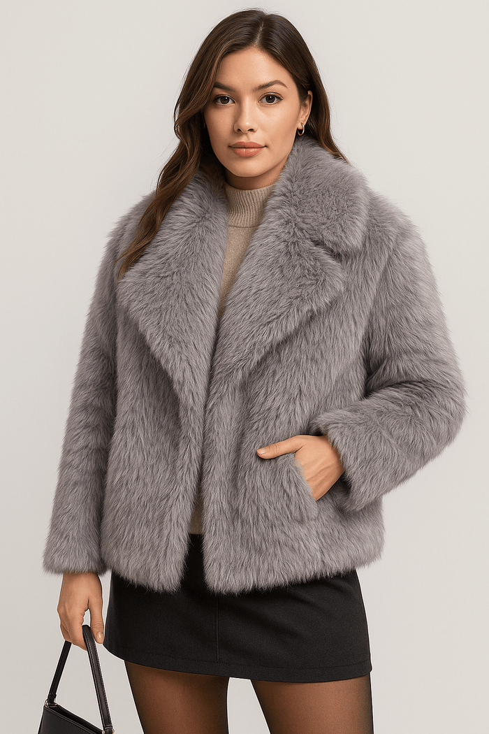 winter plush warm fluffy lapel women's coat in gray worn by a model, showcasing cozy style and comfort for cold weather.