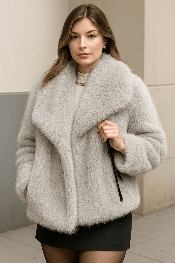 winter plush warm fluffy lapel women's coat in soft grey with lapel collar, perfect for winter outings and casual wear.