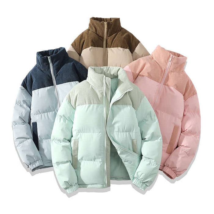 Four stylish colors of Winter Stand Collar Cotton Padded Jacket, featuring unique design and comfort for all-season wear.