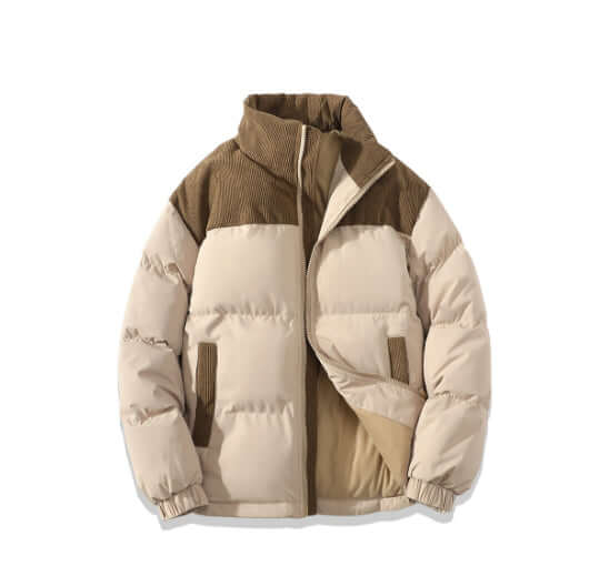 Winter Stand Collar Cotton Padded Jacket in beige and brown, featuring a stylish design and comfortable padding.