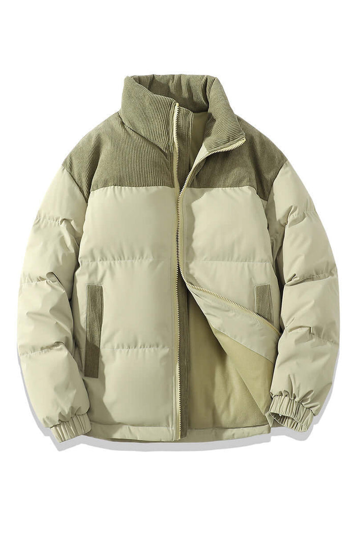 Winter Stand Collar Cotton Padded Jacket in beige and olive green with zip closure and cozy design.