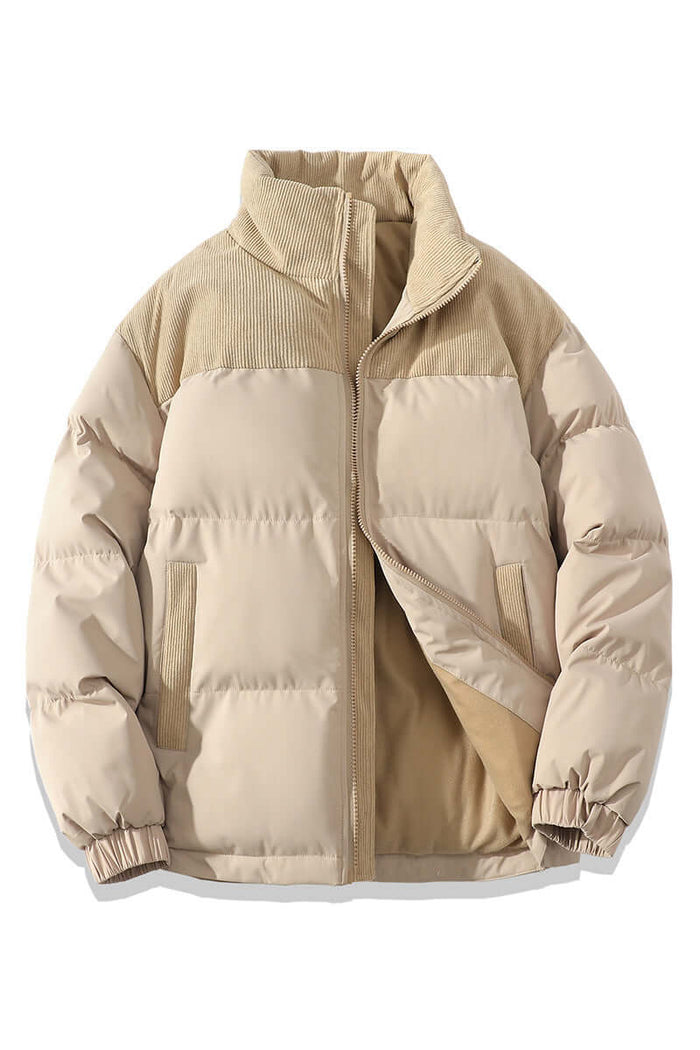 Winter Stand Collar Cotton Padded Jacket in beige color with a stylish design and comfortable fit.