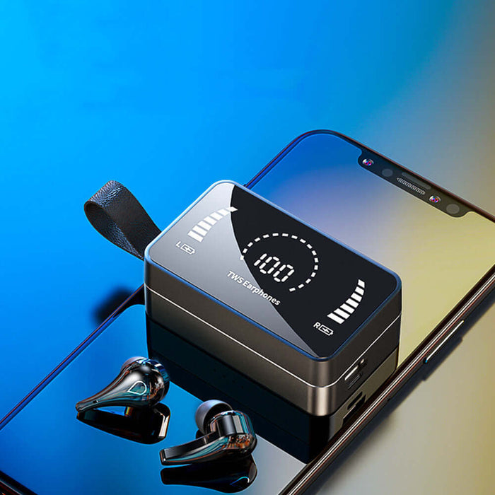 Wireless Bluetooth 5.0 Earphones in black charging case.