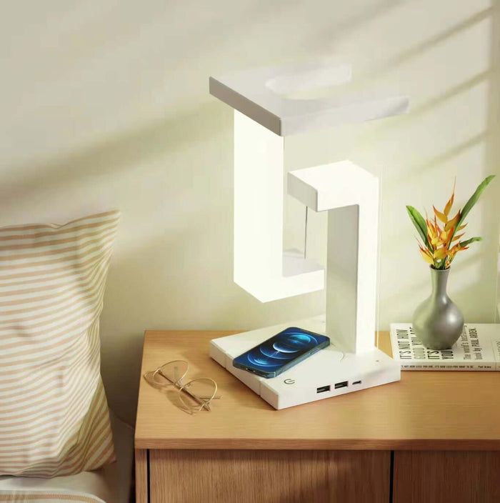 Wireless Charging Suspension Magnetic Table Lamp with a stylish design, showcasing its unique features and functionality.
