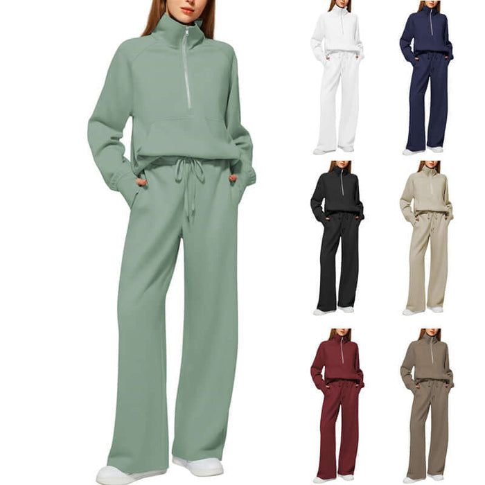 Woman Half Zip Sweatshirt And Wide Leg Pants Set black casual suit.