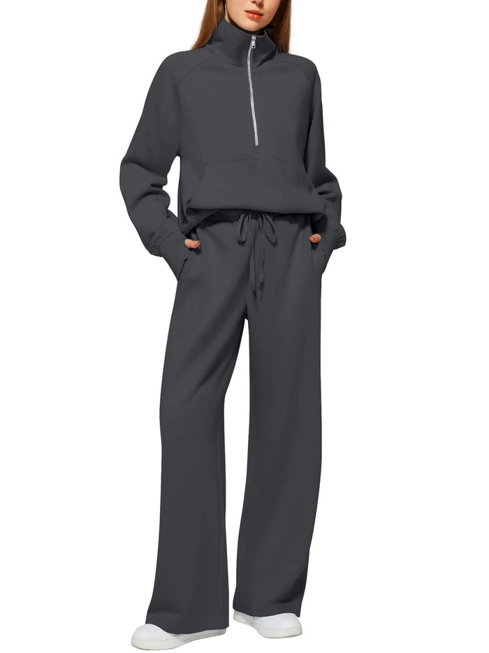 Woman Half Zip Sweatshirt And Wide Leg Pants Set ocean green sporty outfit.