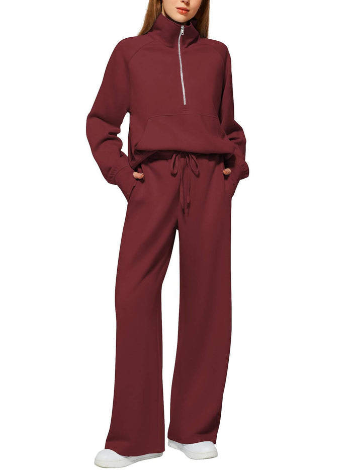 Woman Half Zip Sweatshirt And Wide Leg Pants Set high quality polyester fabric.
