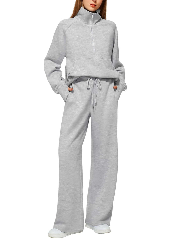 Woman Half Zip Sweatshirt And Wide Leg Pants Set navy blue trousers.
