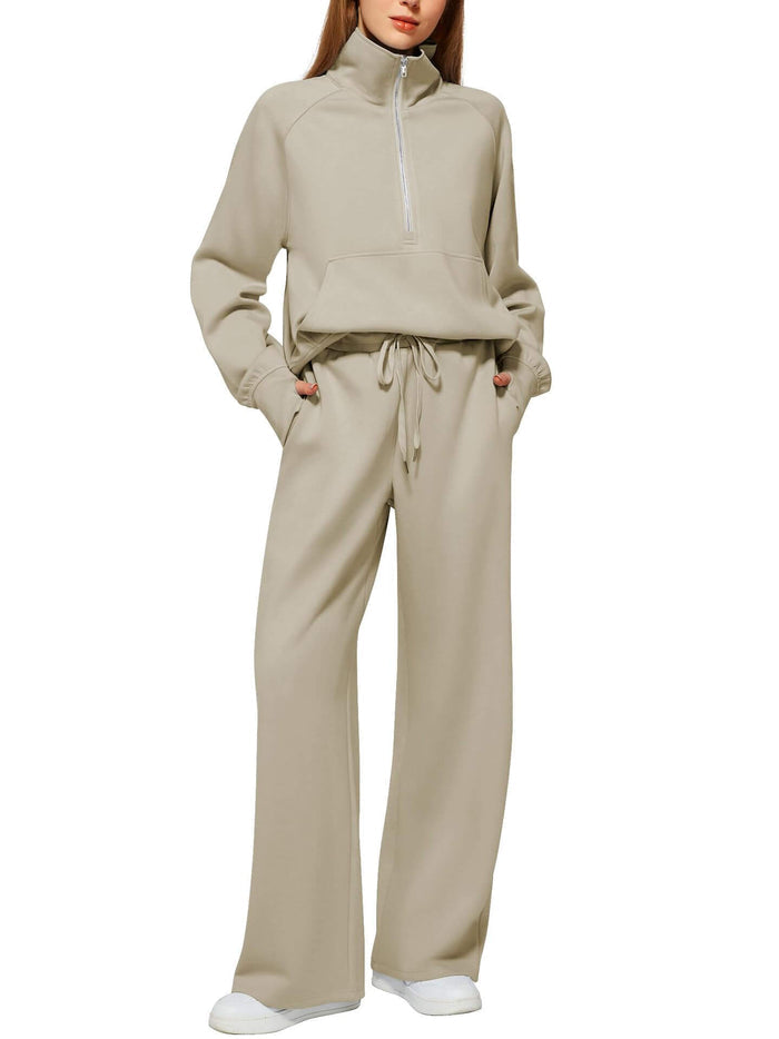 Woman Half Zip Sweatshirt And Wide Leg Pants Set size S to XXL.