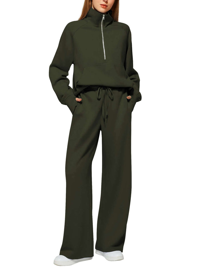 Woman Half Zip Sweatshirt And Wide Leg Pants Set brown casual set.