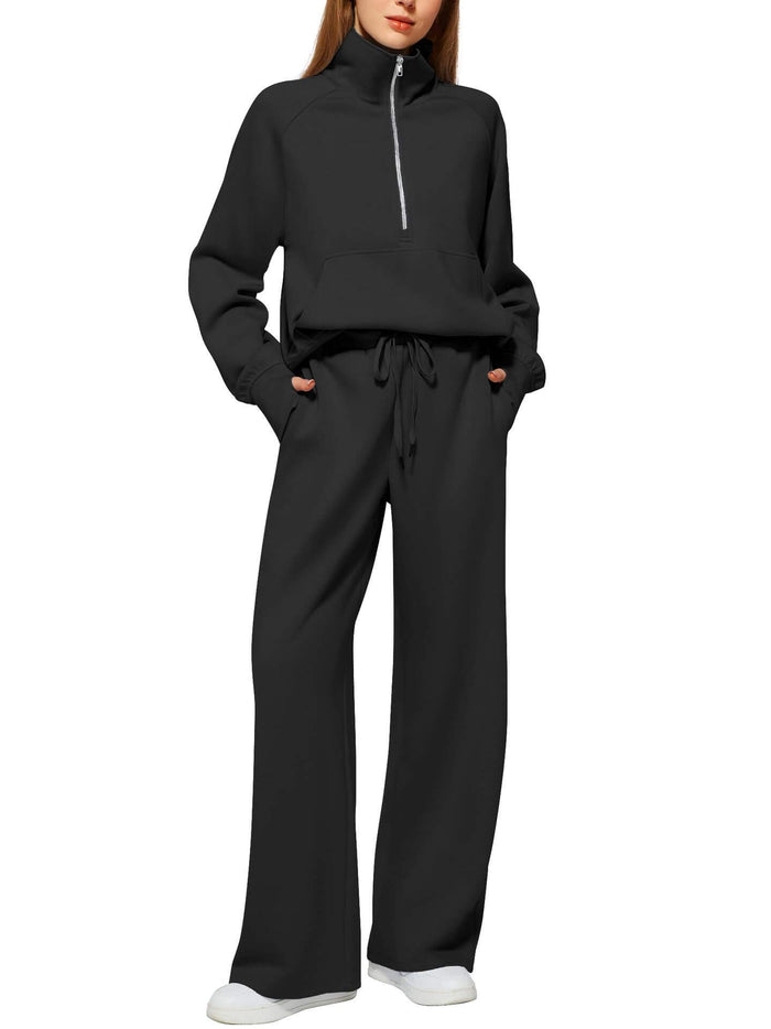 Woman Half Zip Sweatshirt And Wide Leg Pants Set light blue sporty style.
