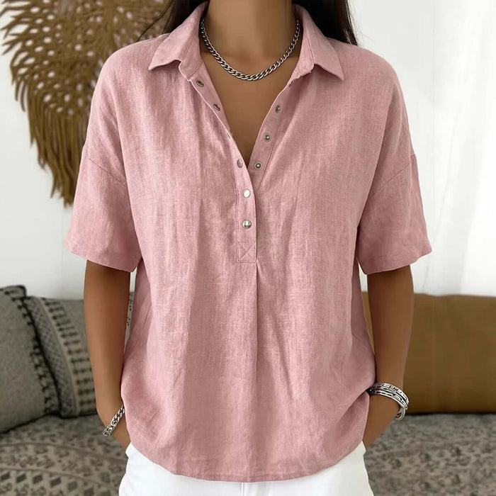 Women Casual Short Sleeve Button Pullover Top Shirt pastel pink elegant commuter button pullover shirt flat lay look