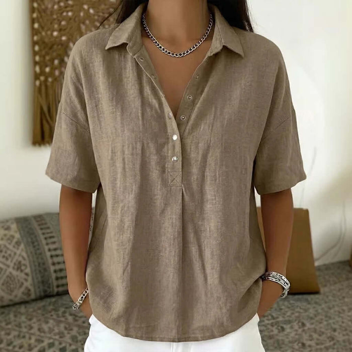 Women Casual Short Sleeve Button Pullover Top Shirt minimalist natural khaki classic solid color polyester commuter blouse