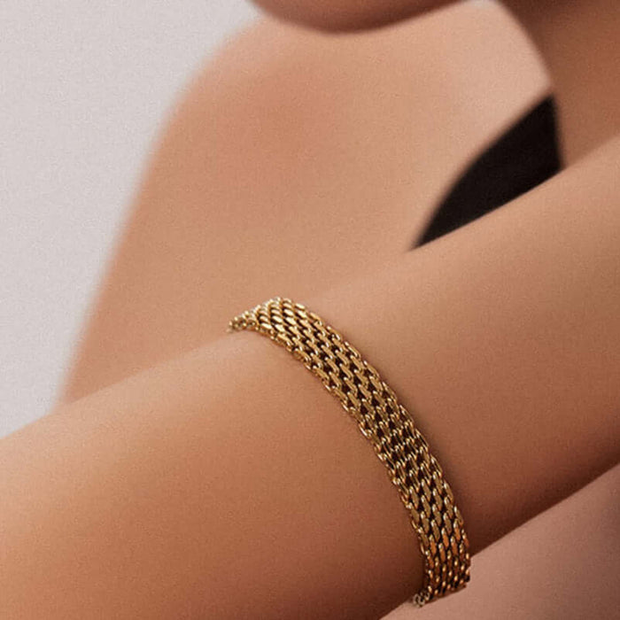Women Chain Bracelet Golden Silver Metal Jewelry worn on a model's arm showcasing its elegant design.