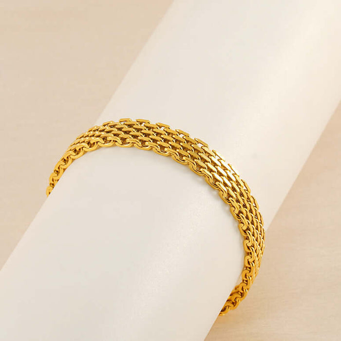 Women Chain Bracelet Golden Silver Metal Jewelry in gold color displayed on a white surface.