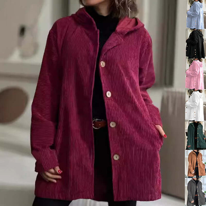 Women Corduroy Hooded Jacket Fall Winter Outwear size S 75cm length.