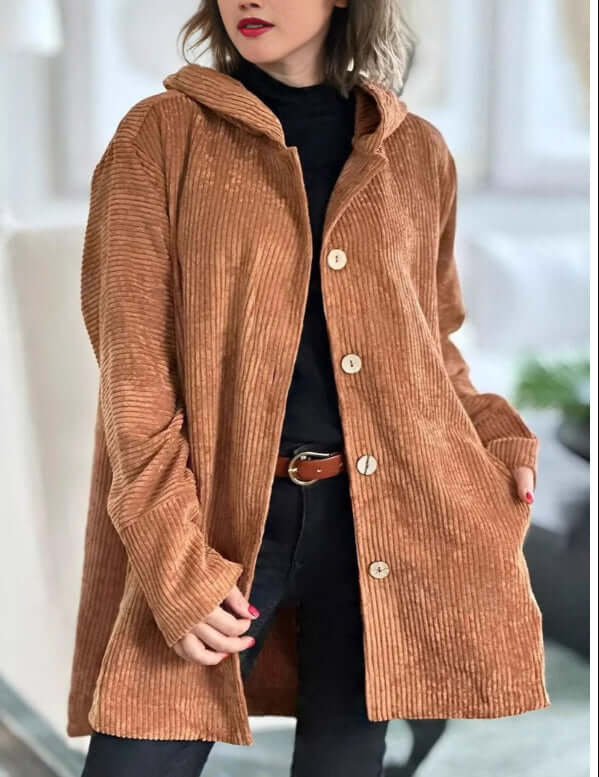 Women Corduroy Hooded Jacket Fall Winter Outwear size 3XL 70cm sleeve specs.