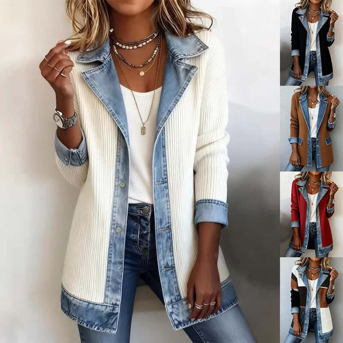 Women Denim Patchwork Jacket Fashion Commuter Lapel Top stylish outwear