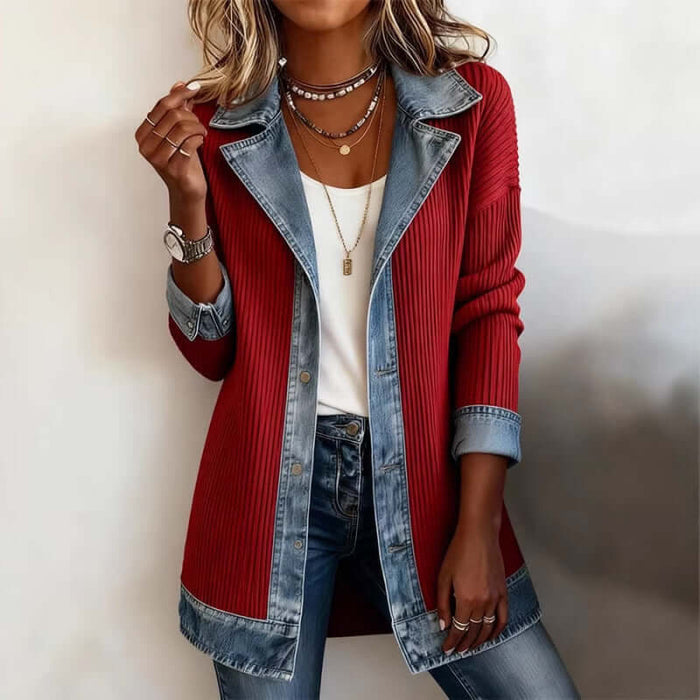 Women Denim Patchwork Jacket Fashion Commuter Lapel Top size 2XL 140cm chest
