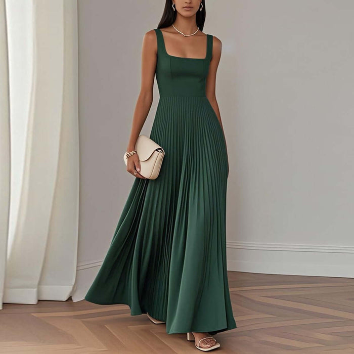 Women Elegant Sleeveless Pleated Midi A-Line Dress Timeless Fashion Style
