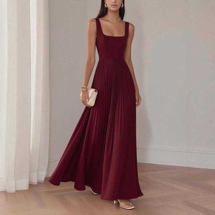 Women Elegant Sleeveless Pleated Midi A-Line Dress Graceful Pleated Design