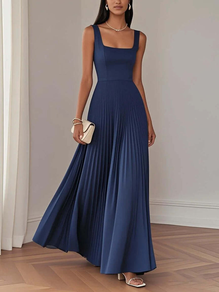 Women Elegant Sleeveless Pleated Midi A-Line Dress Classic Midi Length
