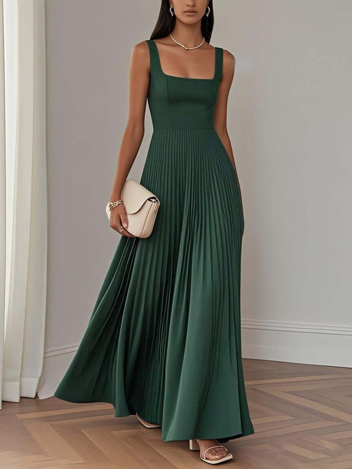 Women Elegant Sleeveless Pleated Midi A-Line Dress Stylish A-Line Silhouette