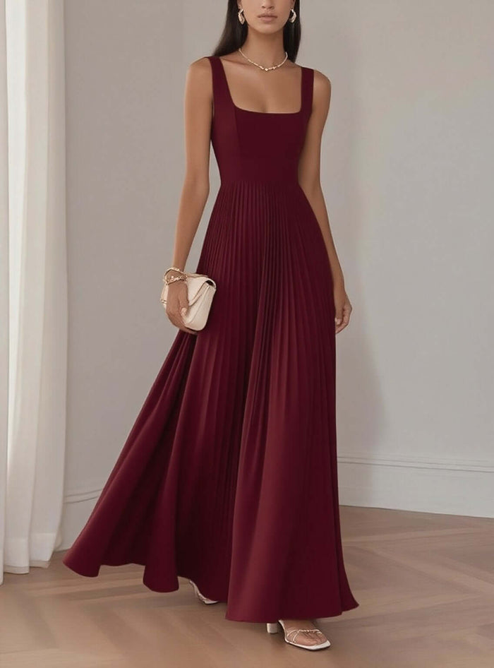 Women Elegant Sleeveless Pleated Midi A-Line Dress Sophisticated Party Outfit