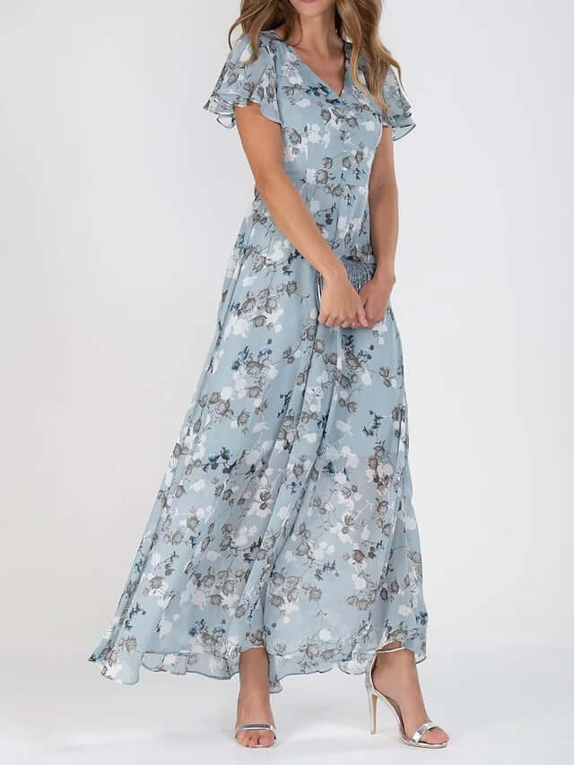 Women Floral Short Sleeve V Neck Beach Maxi Dress on display.
