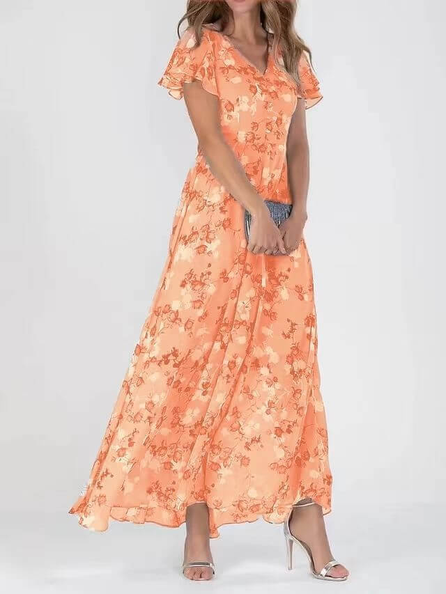 Women Floral Short Sleeve V Neck Beach Maxi Dress in orange floral print with flared sleeves and long flowy skirt