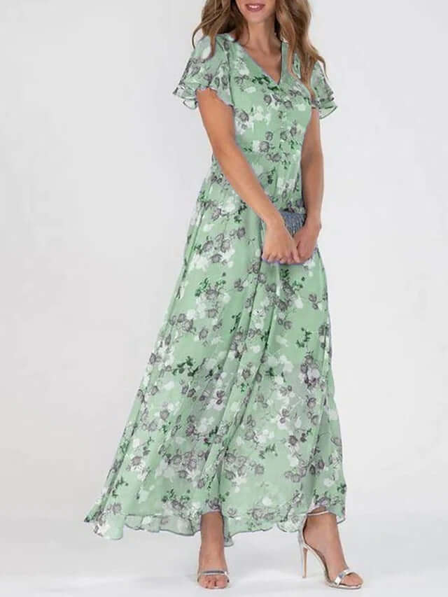 Women Floral Short Sleeve V Neck Beach Maxi Dress in green with floral design, perfect for summer outings and beach wear.