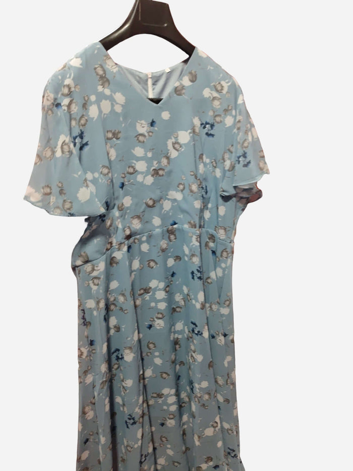 Women Floral Short Sleeve V Neck Beach Maxi Dress displayed on a hanger with a light blue floral pattern.