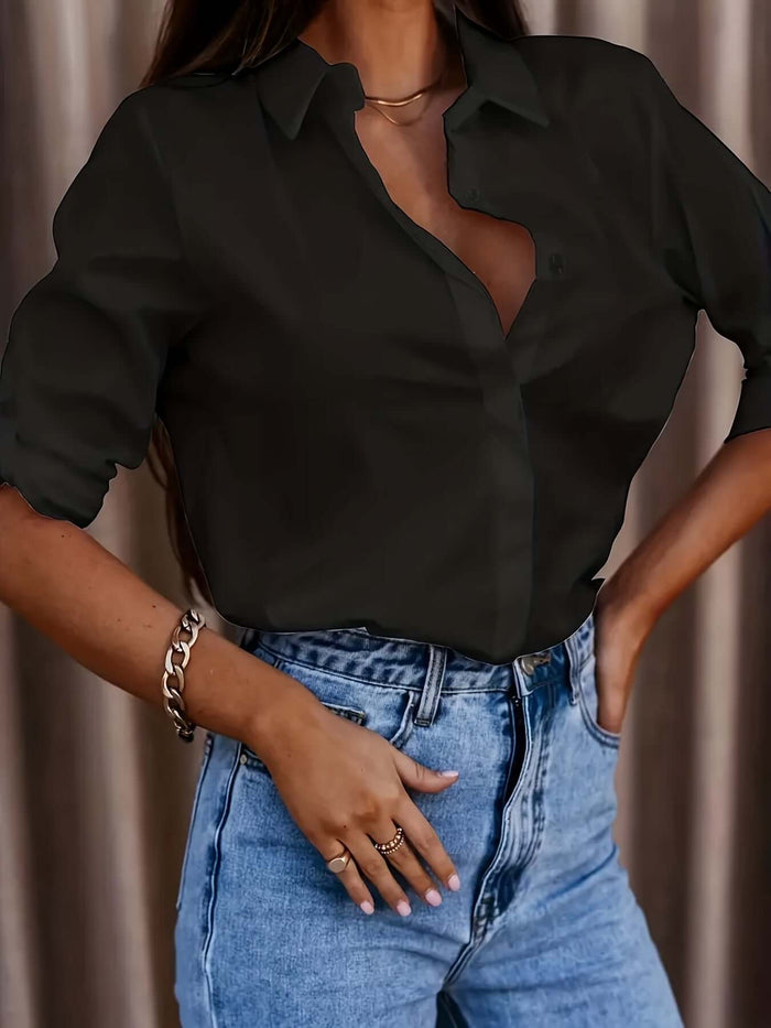 Women Lapel Long Sleeve Button-up Shirt size M 96cm bust.