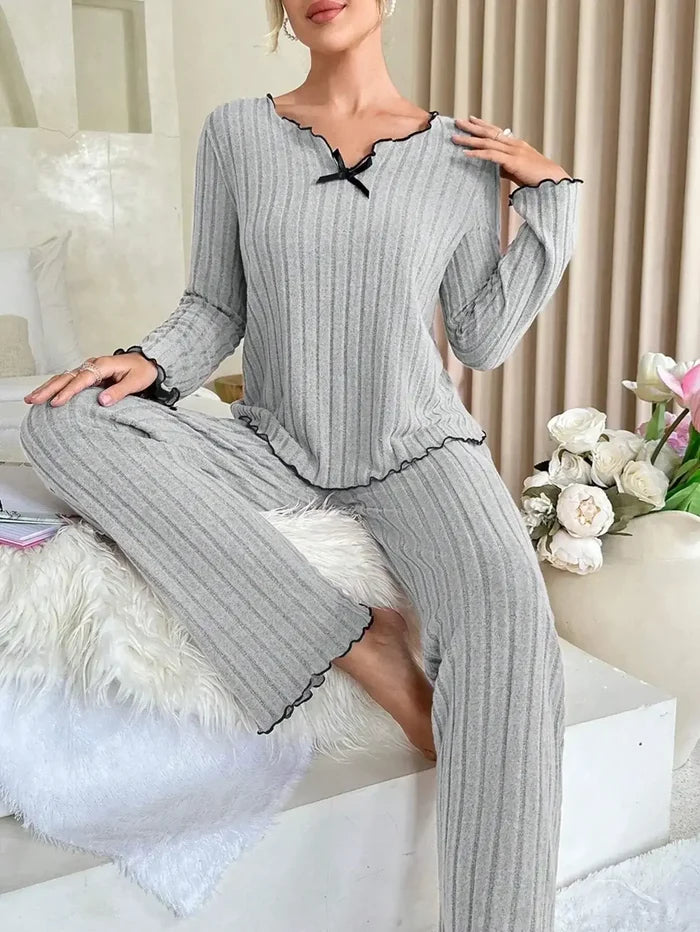 Women Ribbed Pajama Set Autumn Winter 2 Piece soft fabric look